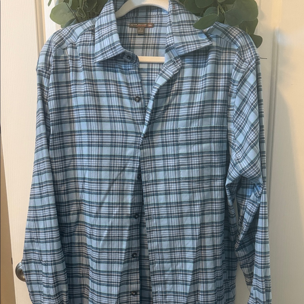 Peter Millar Light Blue And Gray Plaid Men's Shirt Large